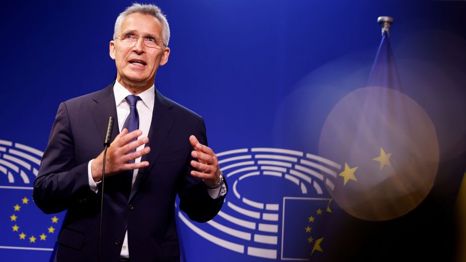 NATO Secretary-General Jens Stoltenberg speaks during a news conference along with the European Parliament President Roberta Metsola (not pictured) at the European Parliament in Brussels, Belgium, April 28, 2022.