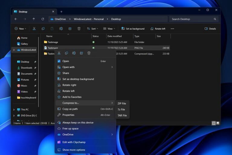 Creating archives in Windows 11 Canary