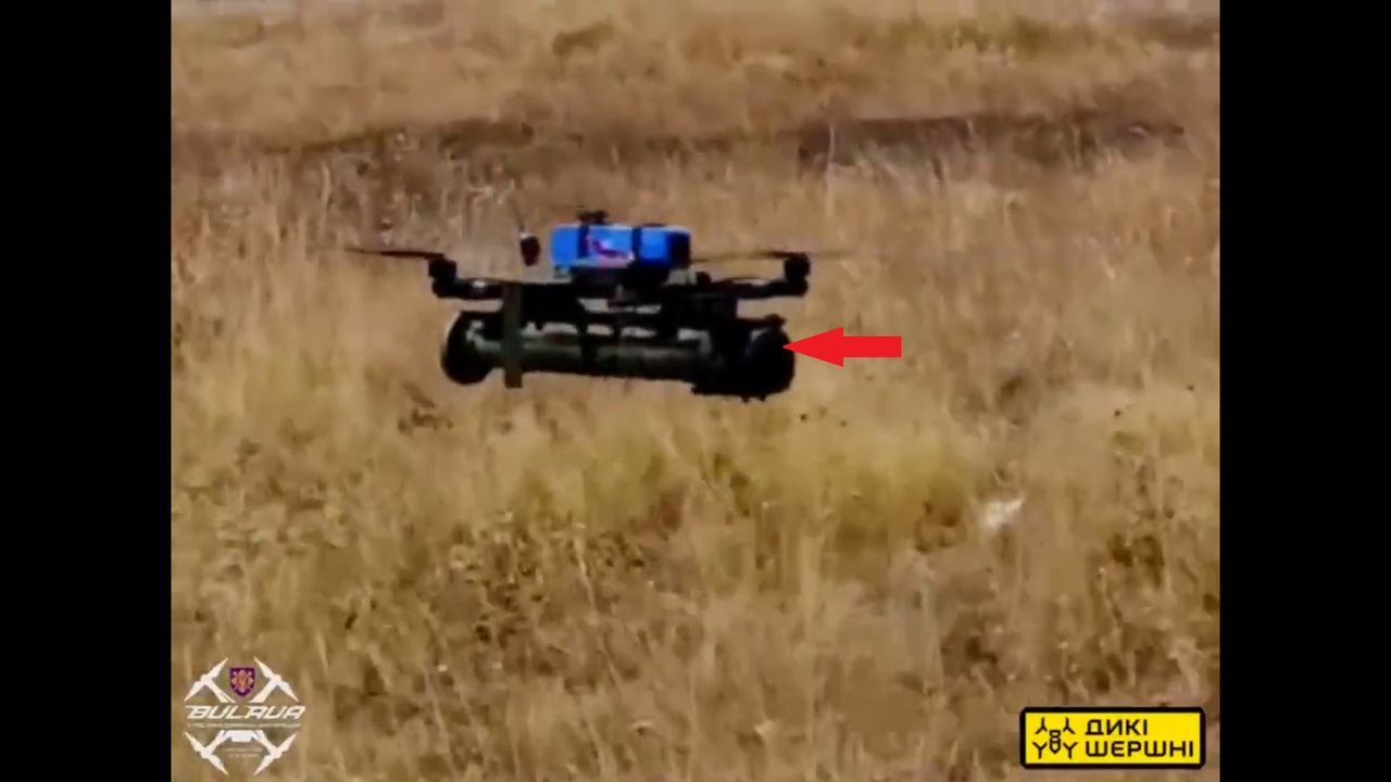 An FPV drone with an RPG-22 anti-tank grenade launcher during tests.