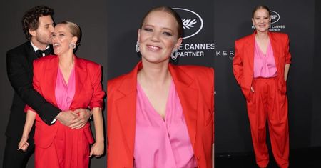 Joanna Kulig w Cannes zadaje szyku w czerwonym garniturze od polskiej projektantki (ZDJĘCIA)