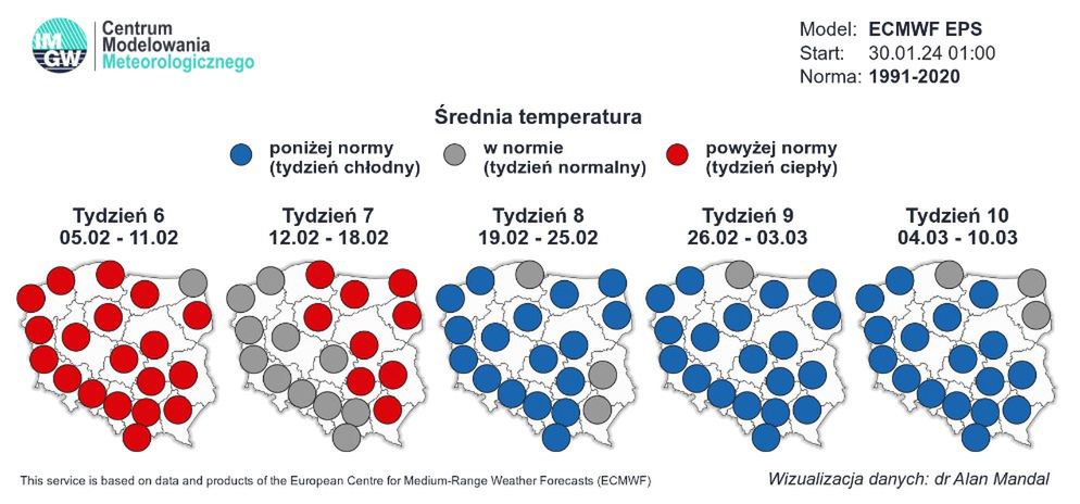 Pogoda na luty. Średnia temperatura tygodniowa w Polsce względem norm