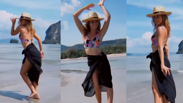 Agnieszka Kaczorowska tańczy na plaży