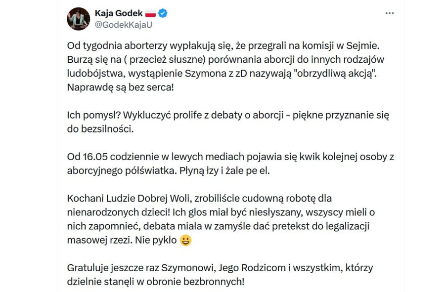 Kaja Godek o wygranej z osobami popierającymi prawo do aborcji