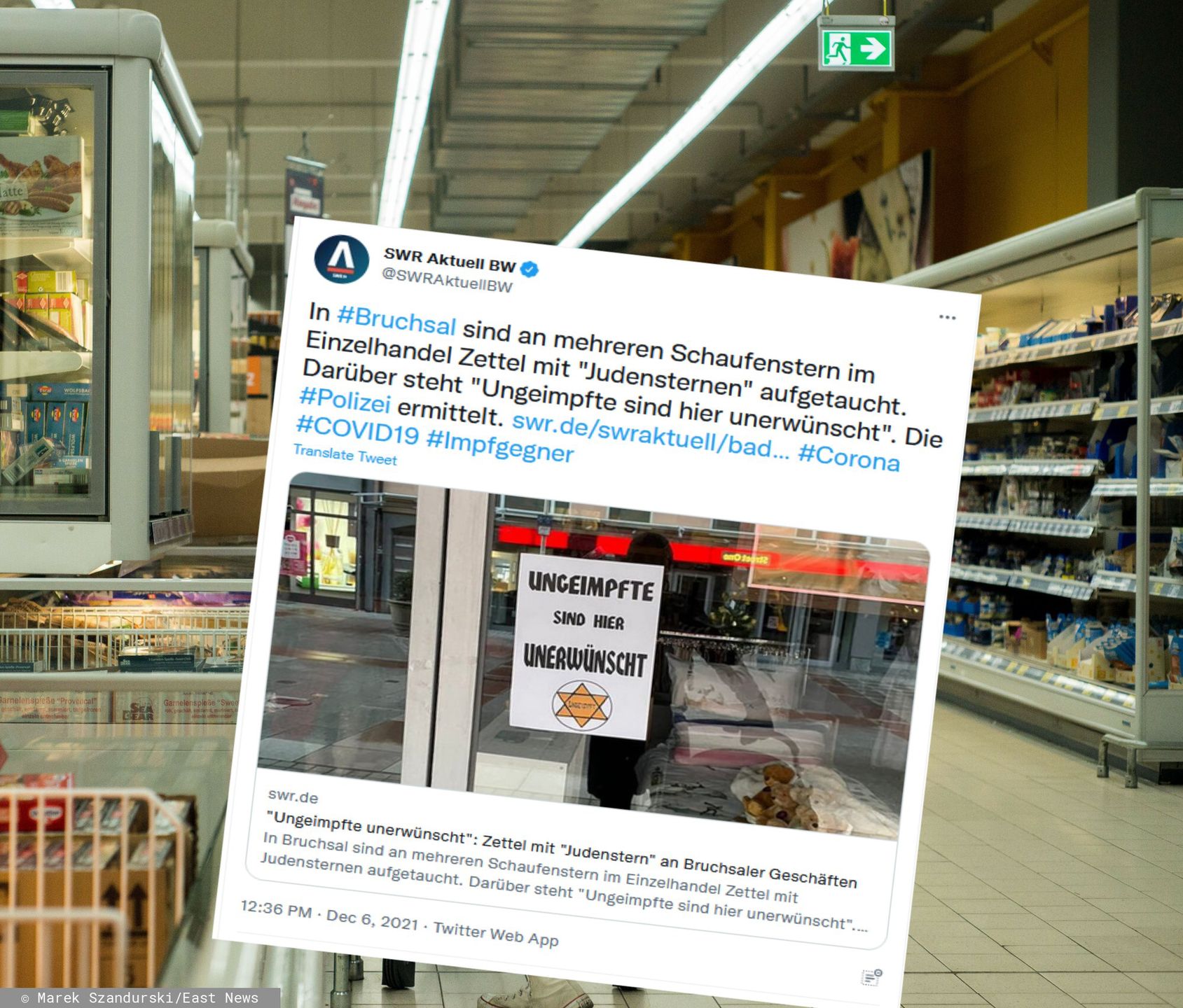 Protest przeciwko szczepieniom w Niemczech. Na sklepach kartki z "żydowską gwiazdą"