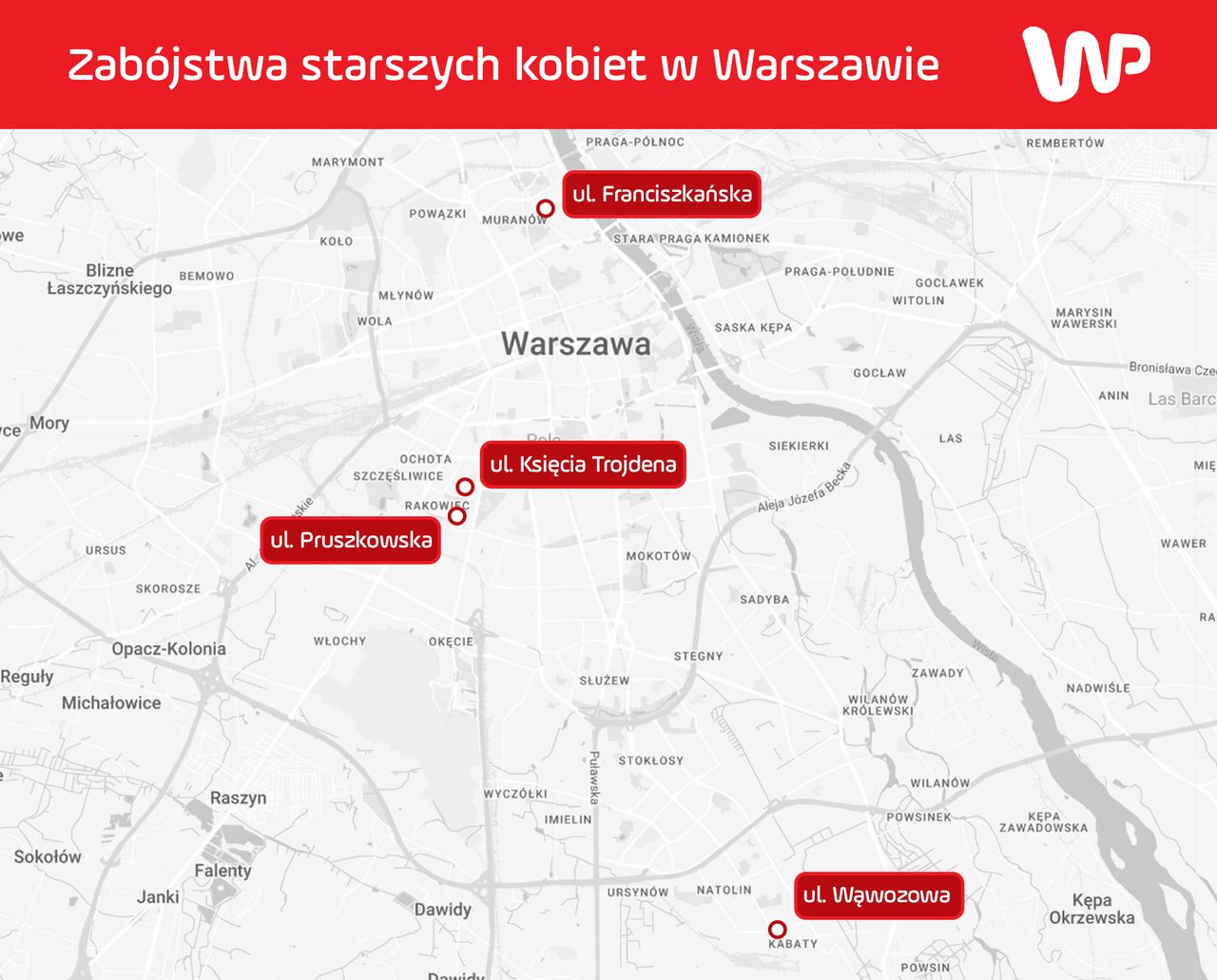 Do zabójstwa starszej kobiety w mieszkaniu przy ul. Franciszkańskiej w Śródmieściu doszło w nocy z 15 na 16 lutego, w ostatni weekend doszło do morderstwa emerytki w mieszkaniu przy ul. Księcia Trojdena, a w nocy z poniedziałku na wtorek - w mieszkaniu przy ul. Wąwozowej. Do odkrycia zabójstwa czwartej ofiary przy ul. Pruszkowskiej miało dojść 17 lutego.