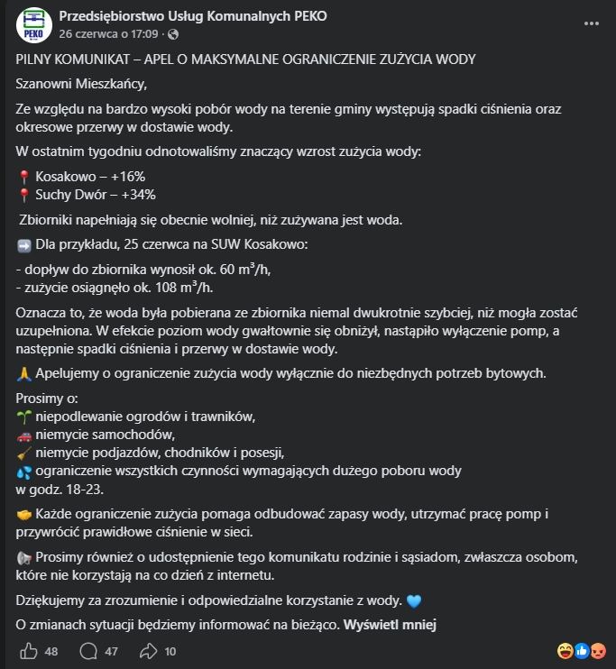 Gmina Kosakowo apeluje o rozważne korzystanie z wody