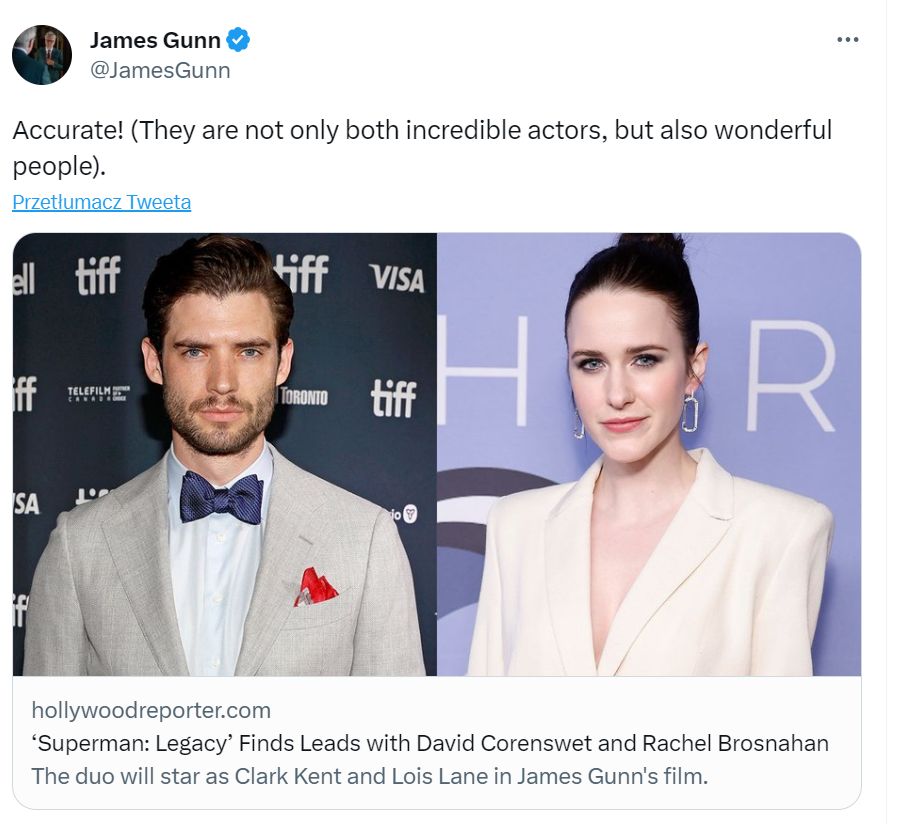 David Corenswet to nowy Superman, a Rachel Brosnahan nowa Lois Lane