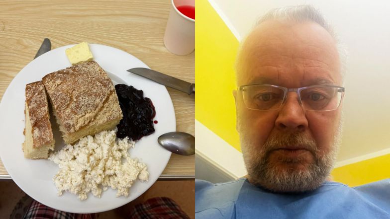 Piotr Bałtroczyk prezentuje szpitalny posiłek