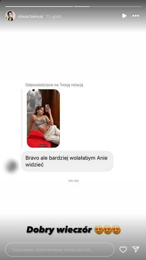 Oliwia Bieniuk reaguje na wiadomość od internautki