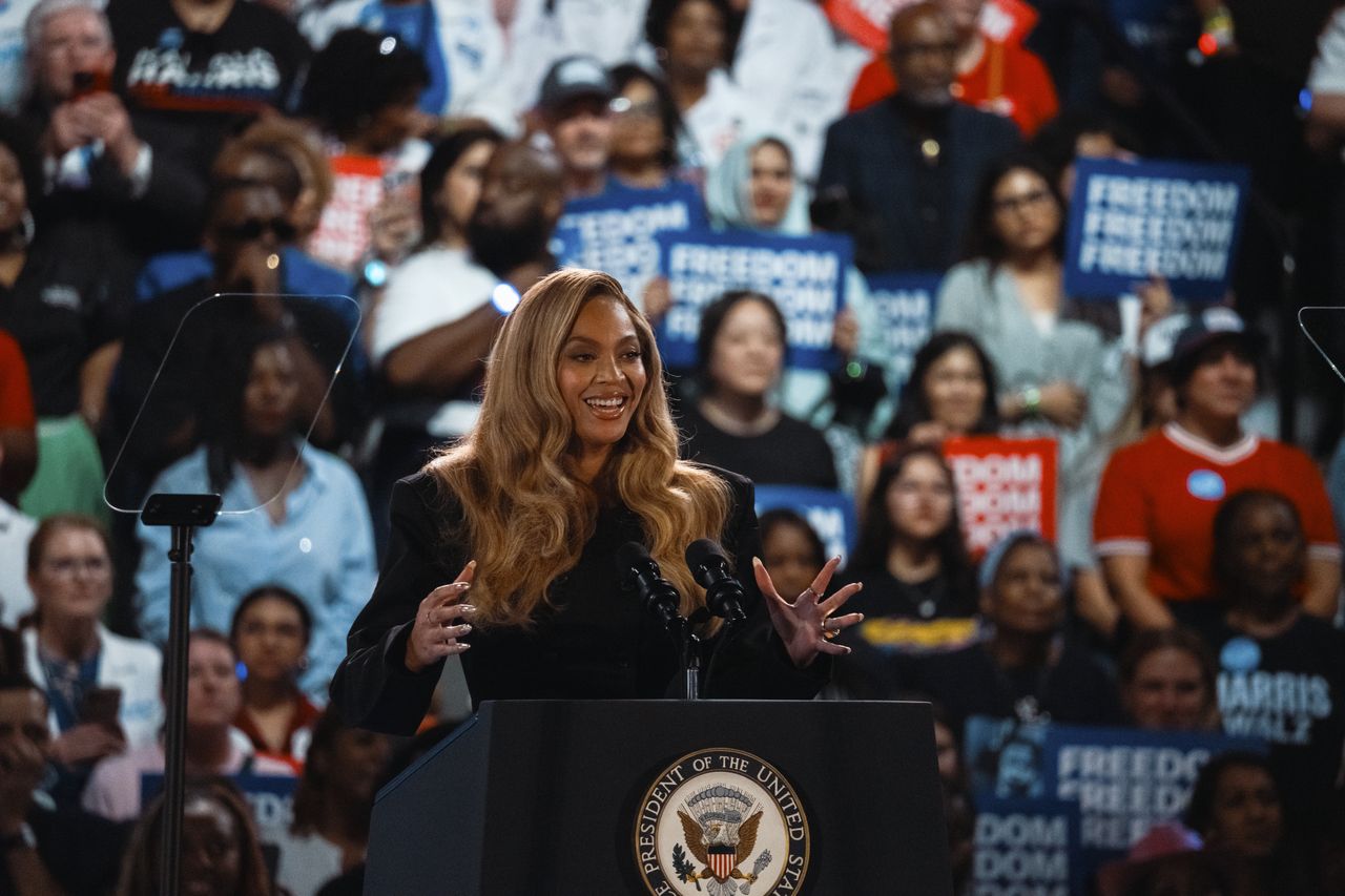 HOUSTON, TEXAS - OCTOBER 25: Singers Beyoncé speaks at a campaign rally for Democratic presidential nominee, Vice President Kamala Harris, on October 25, 2024 in Houston, Texas. Harris is campaigning in Texas holding a rally supporting reproductive rights with recording artists Beyoncé and Willie Nelson.  (Photo by Jordan Vonderhaar/Getty Images)