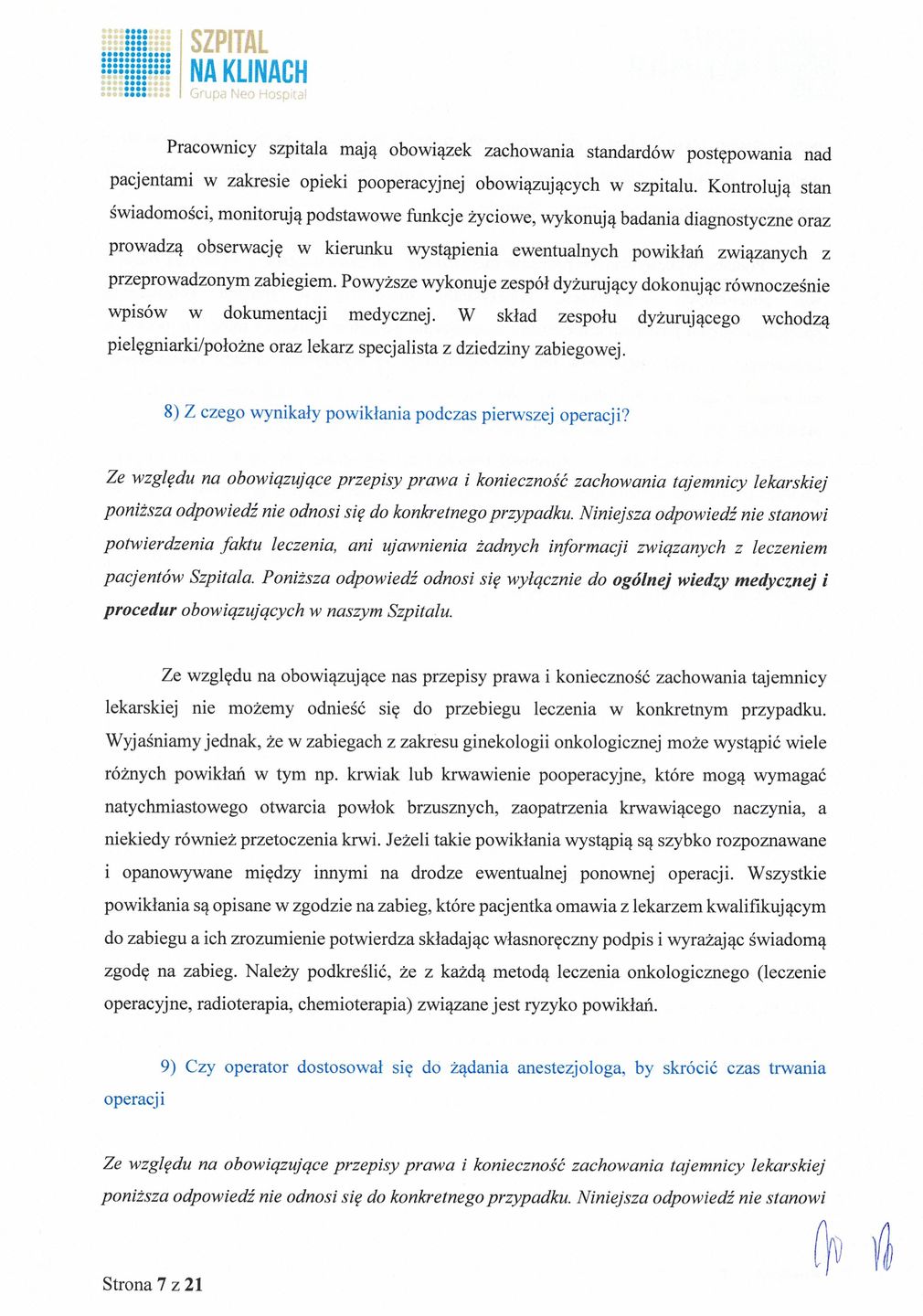 Odpowiedź Szpitala na Klinach na pytania Wirtualnej Polski