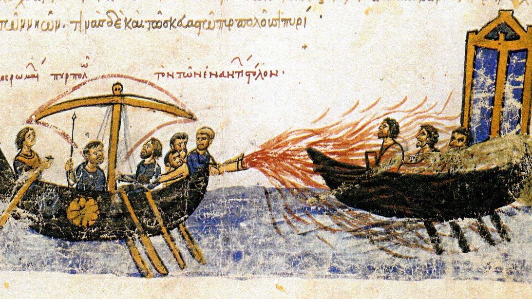 Ogień grecki. Ilustracja ze średniowiecznego rękopisu