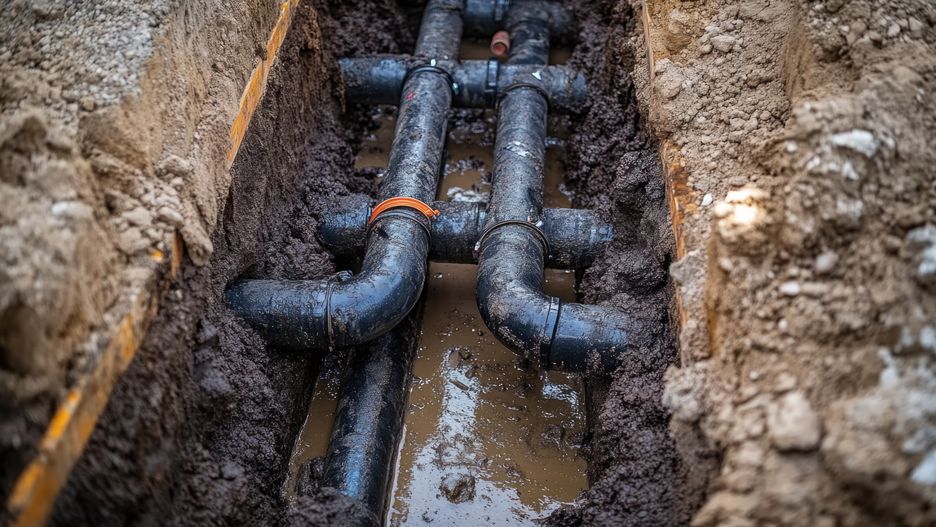 pipe, pipes, underground, trench, installation, water, sewer, system, plumbing, construction, repair, maintenance, dark, black, plastic, pvc, fitting, joints, mud, dirt, soil, ground, earth, brown, grey, wet, damp, texture, detail, close-up, outdoor, work, project, engineering, infrastructure, urban, industrial, industry, heavy, machinery, equipment, pipes in the ground, drainage, utility