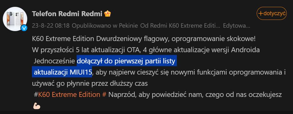 Przetłumaczony wpis Xiaomi na Weibo