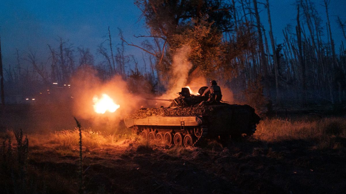 LUHANSK REGION, UKRAINE - JUNE 19: 1st brigade of National Guard 'Bureviy', fire a tank as they carry out a mission in a BMP-2 to shoot at russian positions in Serebryanskyy forest, in Luhansk, Ukraine on June 19, 2024. (Photo by Pablo Miranzo/Anadolu via Getty Images)