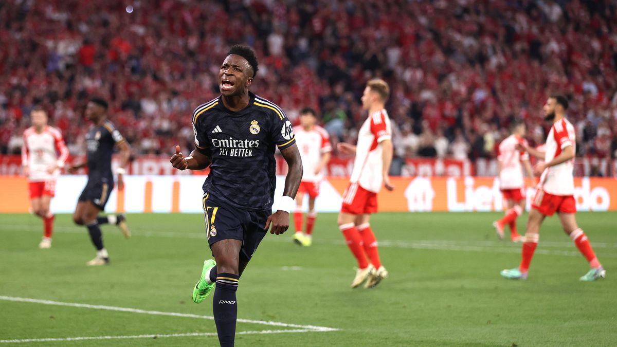 MUNICH, GERMANY - APRIL 30: Vinicius Junior of Real Madrid celebrates after scoring his sides second goal from the penalty spot during the UEFA Champions League semi-final first leg match between FC Bayern München and Real Madrid at Allianz Arena on April 30, 2024 in Munich, Germany. (Photo by Alex Pantling/Getty Images) (Photo by Alex Pantling/Getty Images)