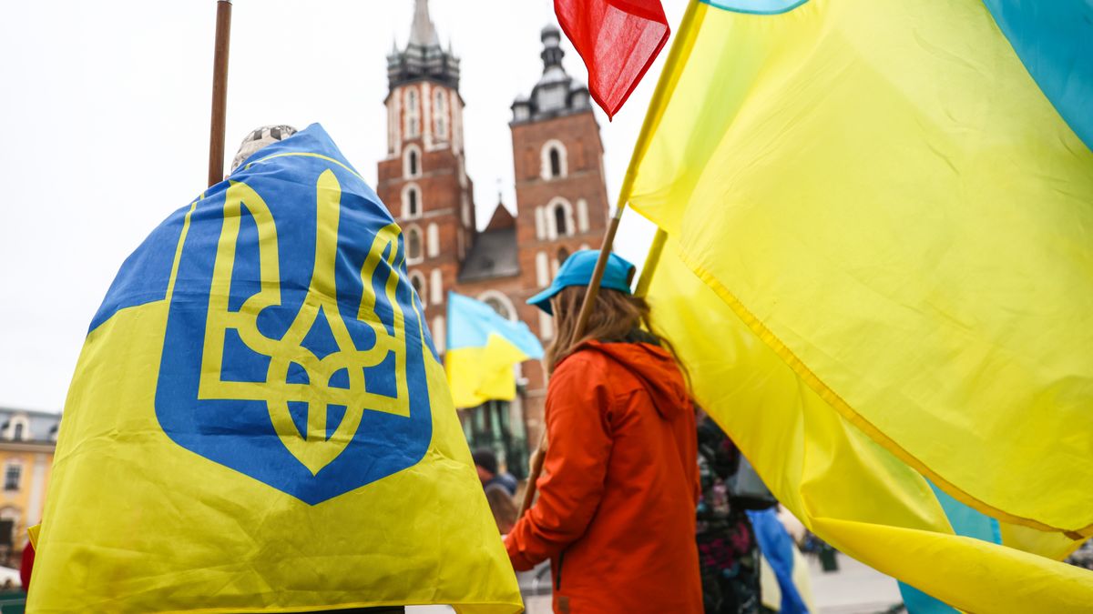 Ukrainian citizens and supporters attend a daily demonstration of solidarity with Ukraine at the Main Square on 421st day of Russian invasion on Ukraine. Krakow, Poland on April 20, 2023. More than one year since the Russian attack, there is no end is in sight to the war in Ukraine.  (Photo by Beata Zawrzel/NurPhoto via Getty Images)