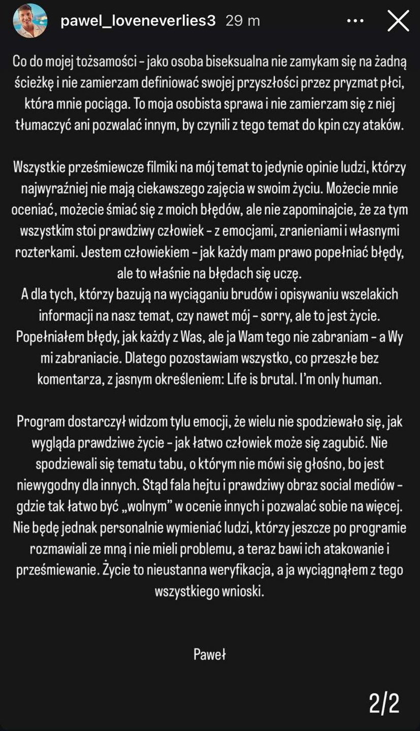 Oświadczenie Pawła Ślatały z "Love Never Lies" na Instagramie