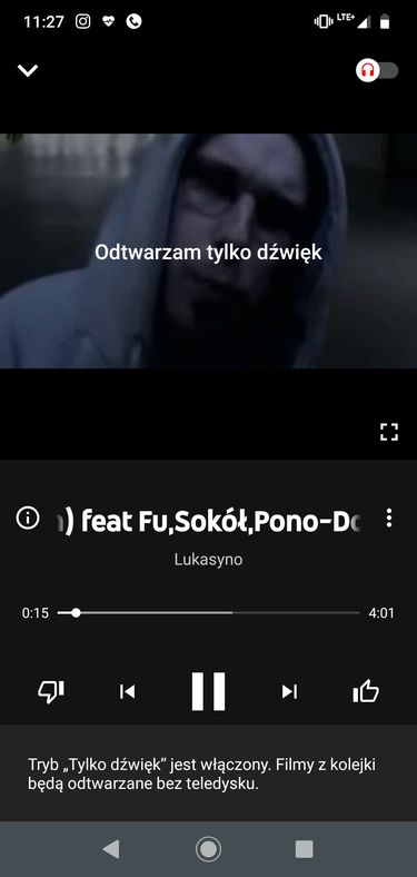 YouTube Music - w prawym górnym rogu możliwa jest opcja wyłączenia ścieżki wideo