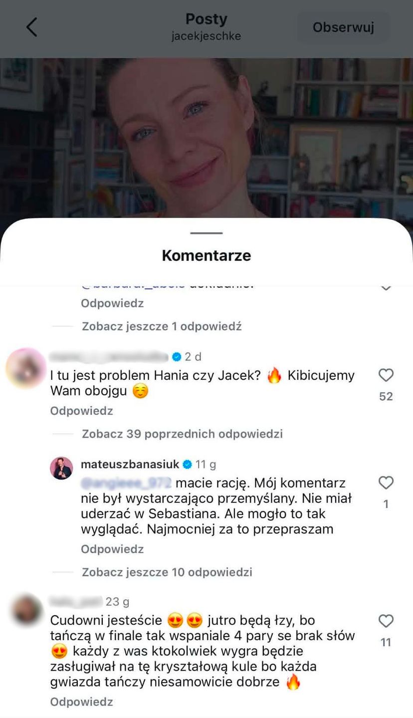 Screen komentarzy pod postem Magdy Boczarskiej i Jacka Jeschke