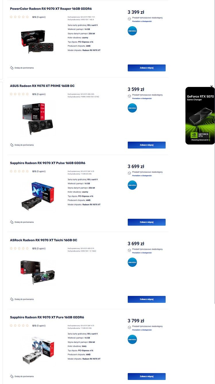 Radeon RX 9070 - ceny kart graficznych