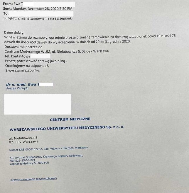 Mail od prezes Ewy Trzepli ws. dodatkowych szczepionek na COVID-19