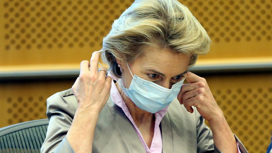 BRUSSELS, BELGIUM - JUNE 23: European Commission President Ursula von der Leyen wears a medical mask as a precaution against the novel coronavirus (COVID-19) pandemic during a European Parliament Group Heads Conference with the attendance of European Parliament President, David-Maria Sassoli (not seen) in Brussels, Belgium on June 23, 2020. (Photo by Dursun Aydemir/Anadolu Agency via Getty Images)