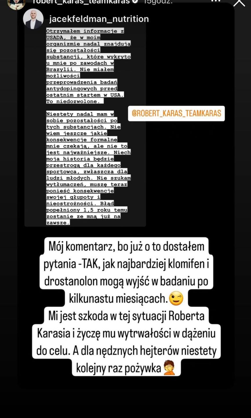 Dietetyk Roberta Karasia o niedozwolonych substancjach wykrytych w jego organizmie