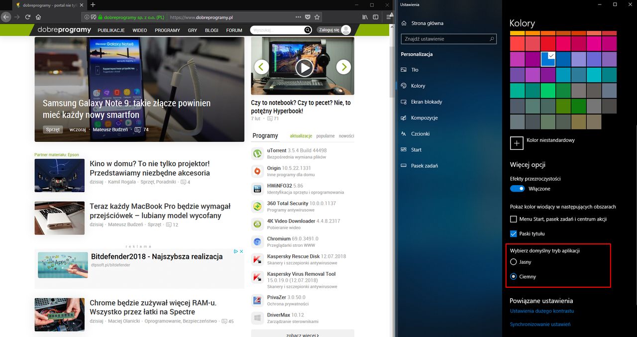 Firefox sam zmieni motyw przeglądarki zależnie od globalnych ustawień kolorów w Windows 10.
