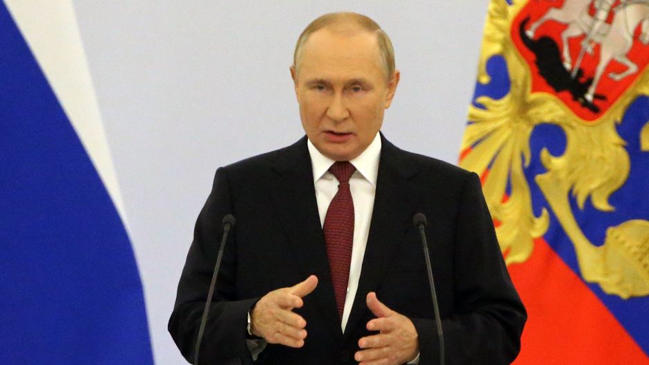 MOSCOW, RUSSIA - SEPTEMBER 30 (RUSSIA OUT) Russian President Vladimir Putin speaks during the signing ceremony with separatist leaders on the annexation of four Ukrainian regions at the Grand Kremlin Palace, on September 30, 2022 in Moscow, Russia. Separatist leaders of annexed Donetsk, Lugansk, Kherson and Zaporizhzhya regions of Ukriane have arrived in Moscow to sign joint documents. (Photo by Contributor/Getty Images)