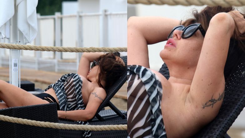 Roznegliżowana Iwona Węgrowska pręży się na plaży w towarzystwie córki