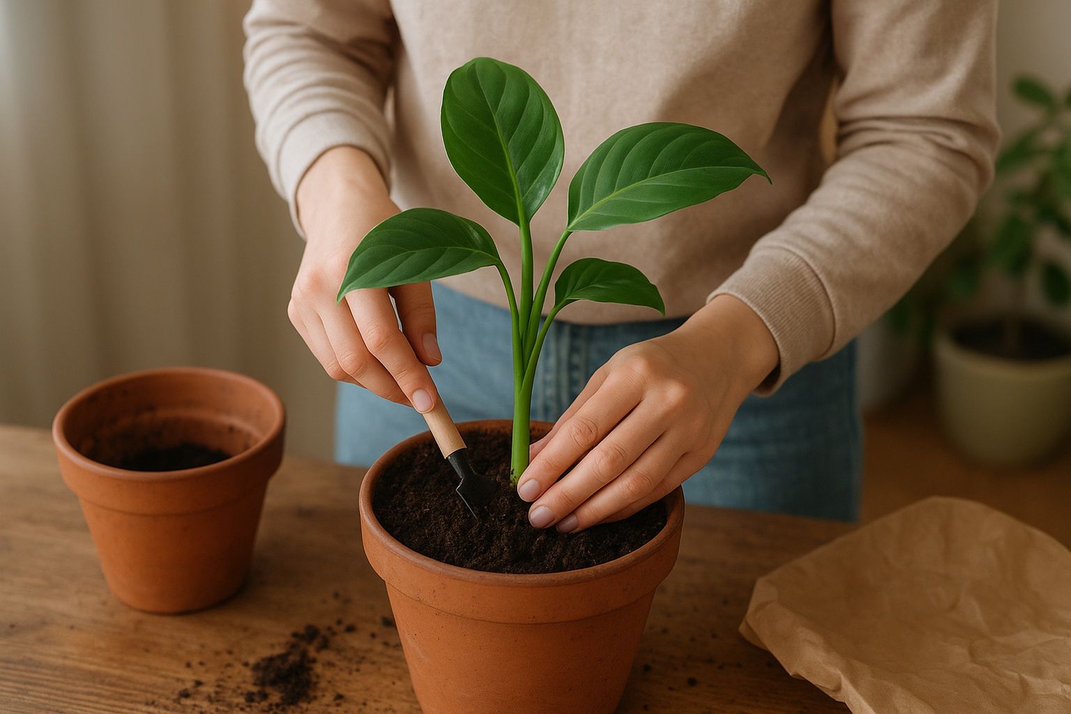 Zdrowa roślina doniczkowa po przesadzeniu w świeżej ziemi, jasne otoczenie, liście w dobrej kondycji – ilustracja artykułu