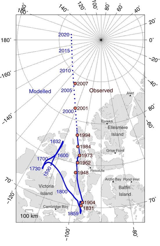 Zmiana położenia bieguna magnetycznego, teoria (niebieskie kropki) vs. obserwacje (czerwone punkty) (fot: https://en.wikipedia.org/wiki/Polar_drift#/media/File:Magnetic_North_Pole_Positions_2015.svg)
