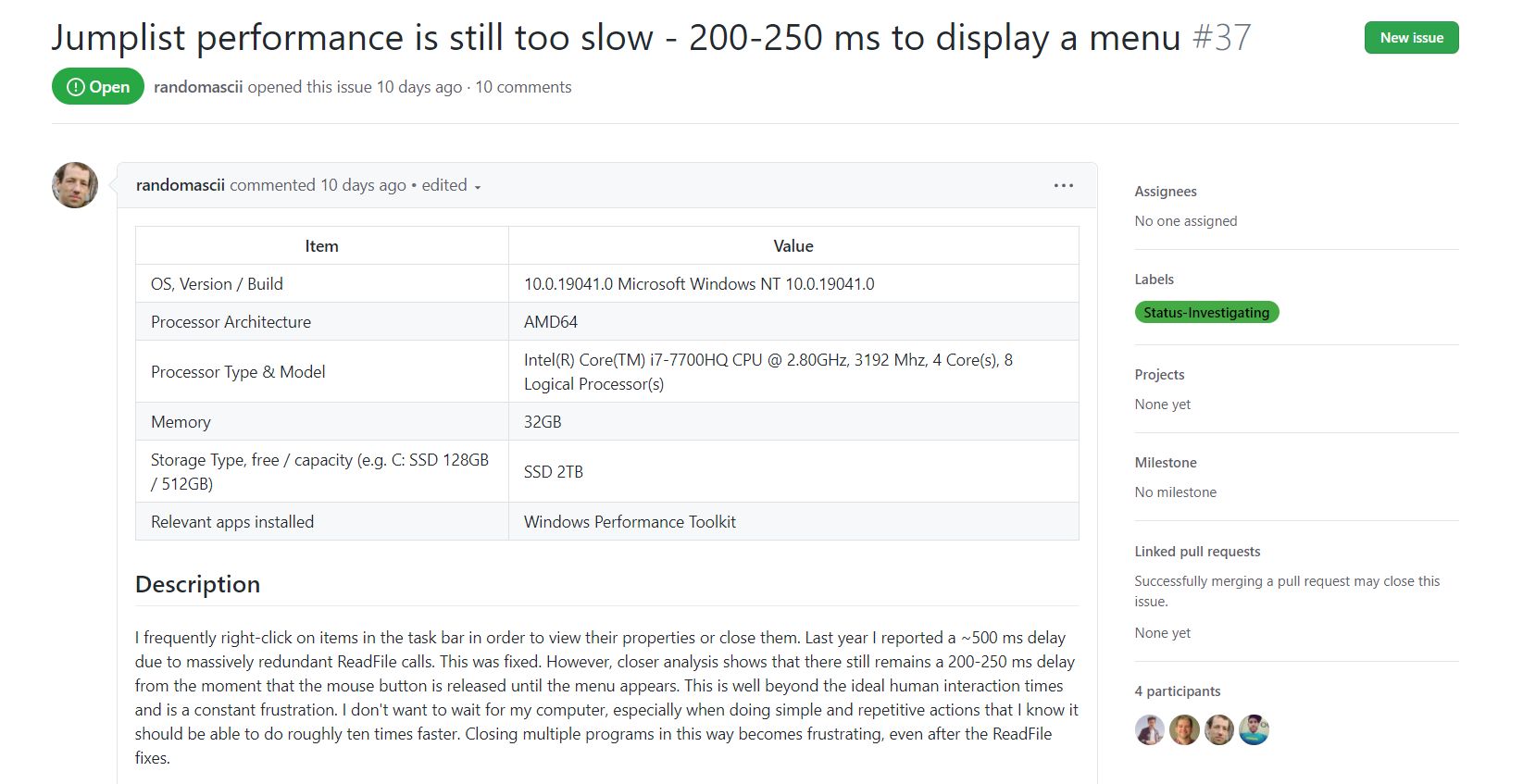 Microsoft bada problem ociężałego paska zadań w Windows 10, co widać po statusie zgłoszenia problemu na GitHubie, fot. Oskar Ziomek.
