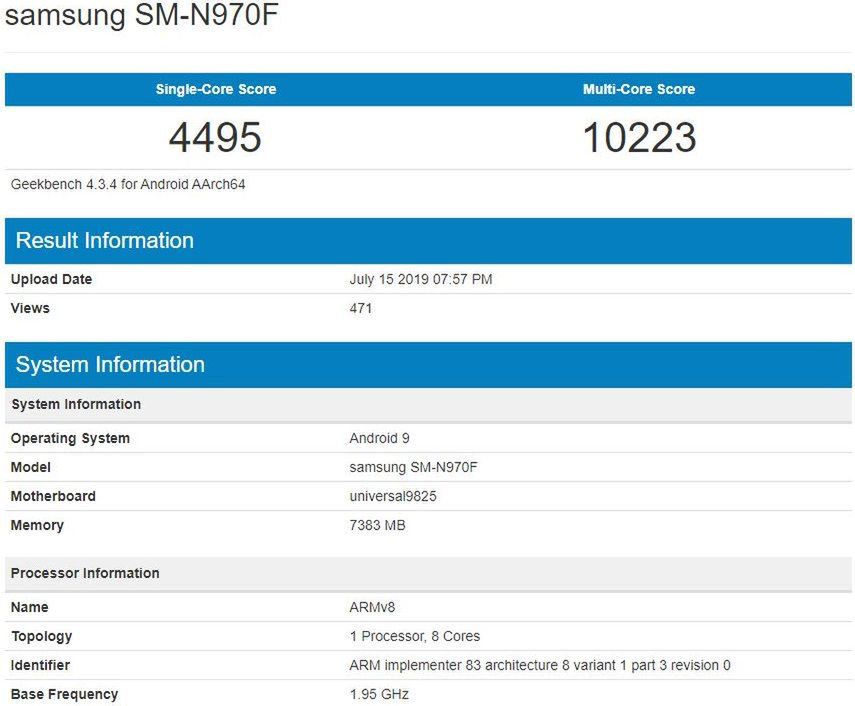 Samsung Galaxy Note10 (SM-970) w bazie Geekbench
