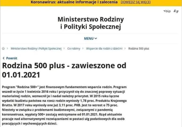 Fałszywy komunikat o zawieszeniu 500+