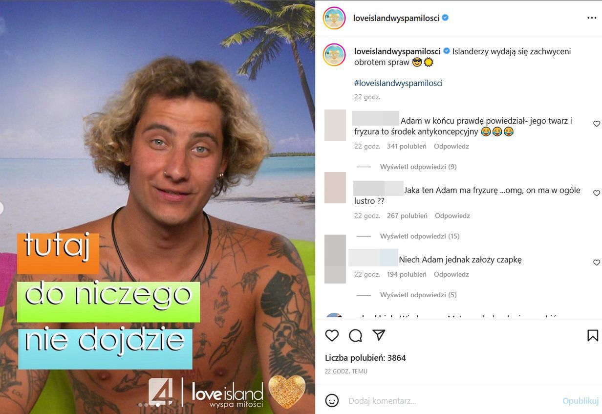 Dyskusja na profilu "Love Island" o fryzurze Adama  