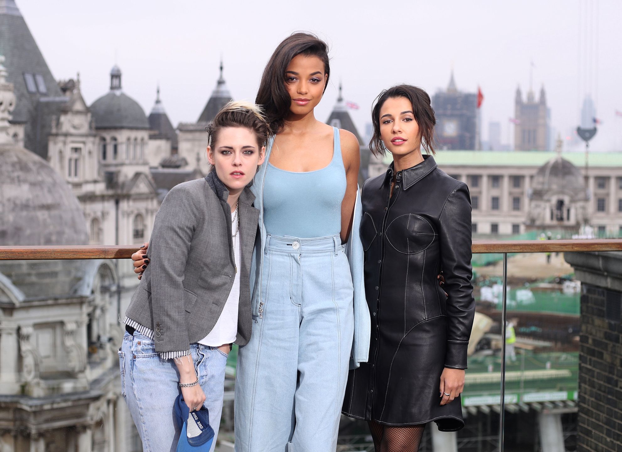 LONDON, ENGLAND - NOVEMBER 21: Kristen Stewart, Naomi Scott and Ella Balinska attends the "Charlie's Angels" photocall at The Corinthia Hotel on November 21, 2019 in London, England. (Photo by Mike Marsland/WireImage)