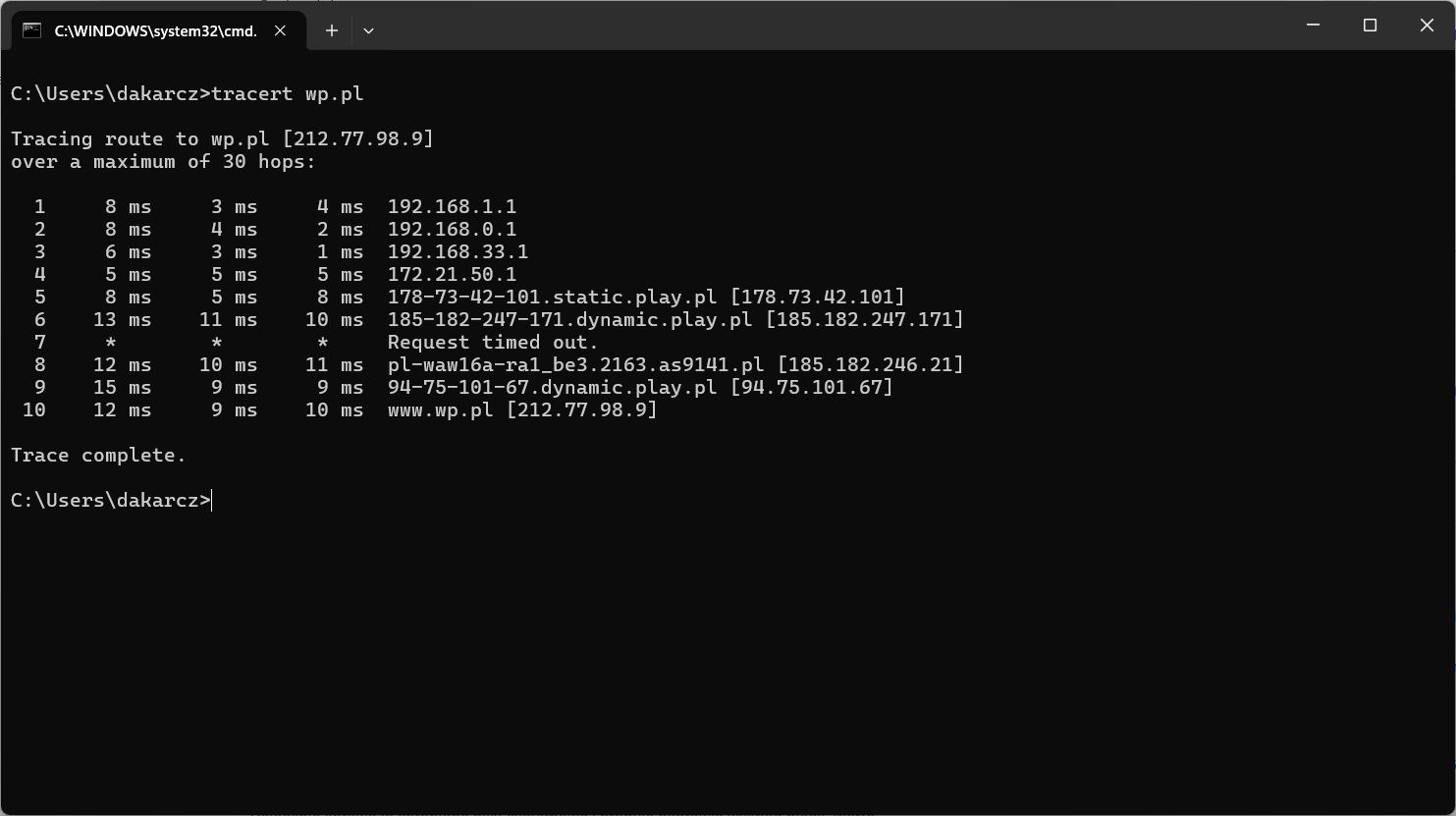 tracert – sprawdzanie trasy połączenia