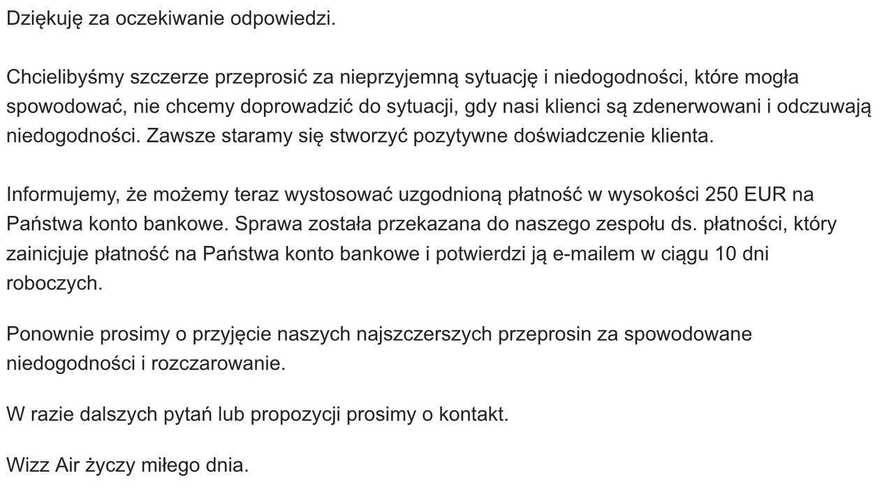 Firma Wizz Air ostatecznie wypłaciła klientowi odszkodowanie 