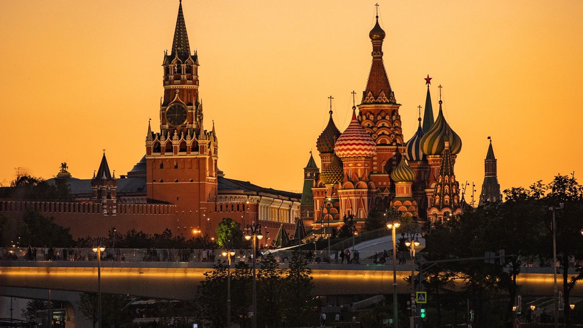 Sunset over Red Square (Kremlin towers and Saint Basil's Cathedral are visible) is seen in Moscow, Russia, on May 18, 2019. (Photo by Lorenzo Di Cola/NurPhoto via Getty Images)
