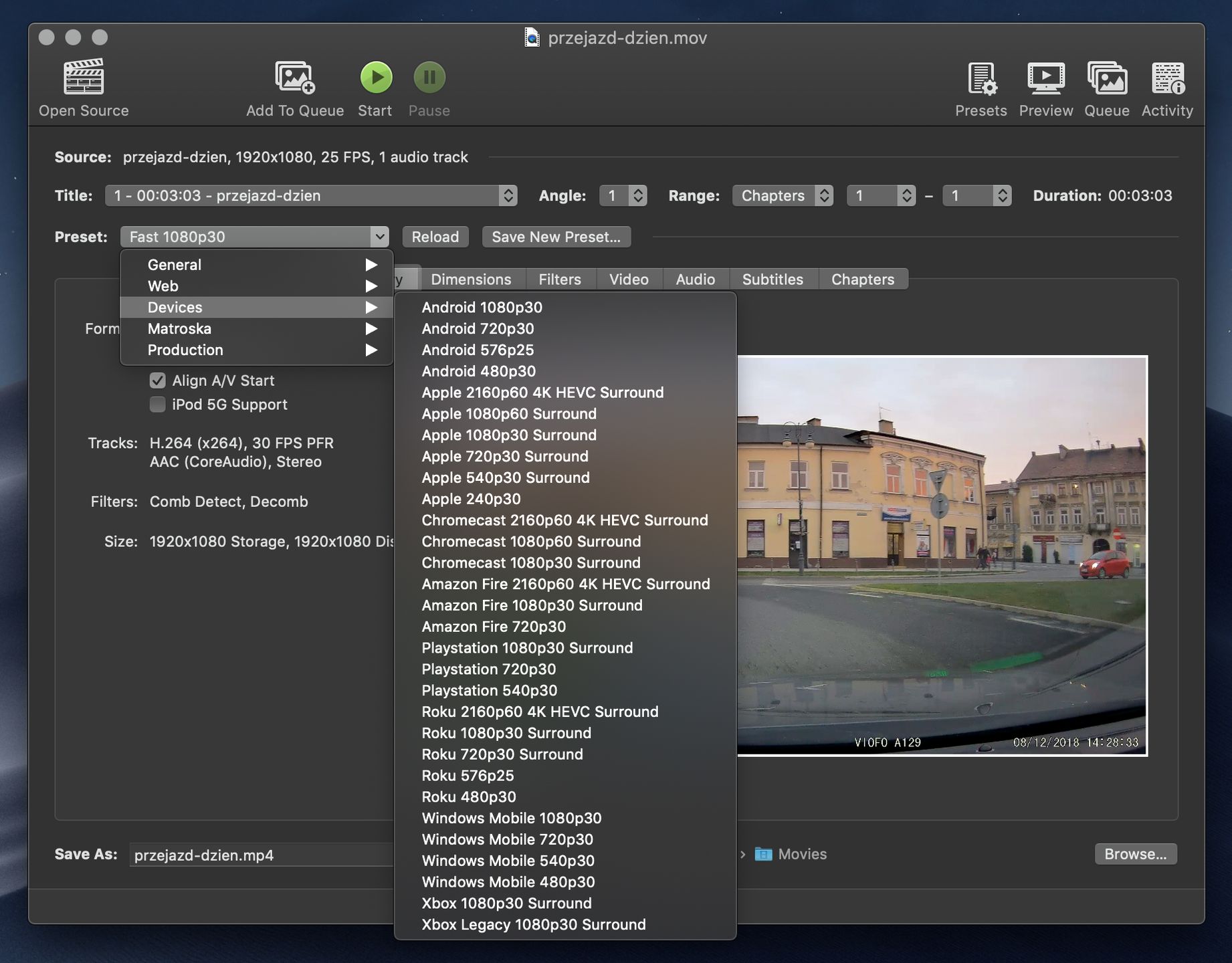 lista presetów w Handbrake 1.2.0