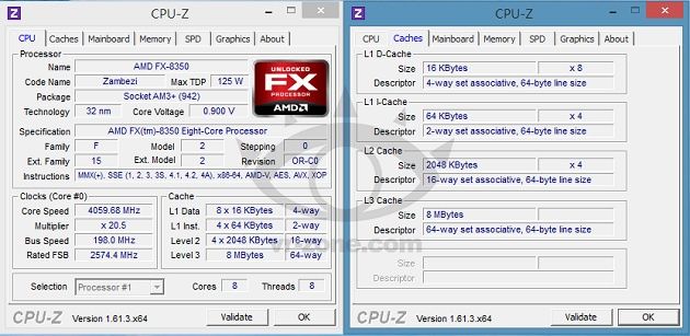 AMD FX-8350 Vishera procesor specyfikacja CPU-Z zrzut ekranu