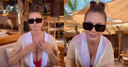 Maja Rutkowski relaksuje się pod palmami. W złotej narzutce nieśmiało eksponuje atuty