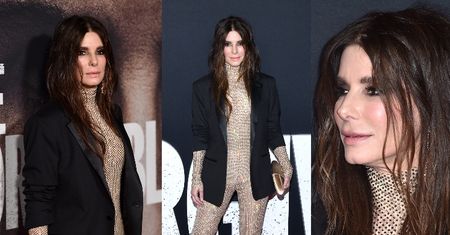 57-letnia Sandra Bullock w cielistym kombinezonie promuje nowy film gładką twarzą (ZDJĘCIA)