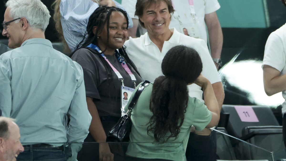 PARIS, FRANCE - JULY 28: Tom Cruise attends day two of the Paris 2024 Olympic Games at the artistic gymnastics event with Simone Biles of USA at Paris Arena on July 28, 2024 in Paris, France. (Photo by Jean Catuffe/Getty Images)
