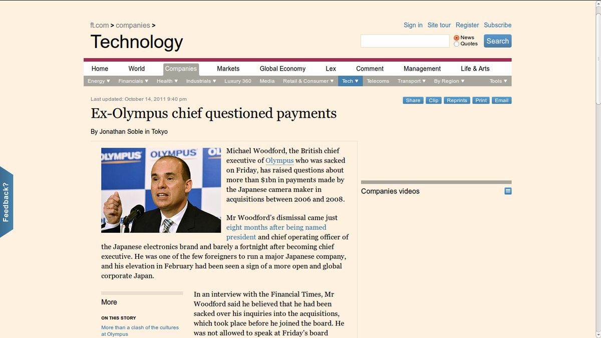 Olympus w atmosferze skandalu - były dyrektor oskarża, akcje lecą na łeb na szyję 1