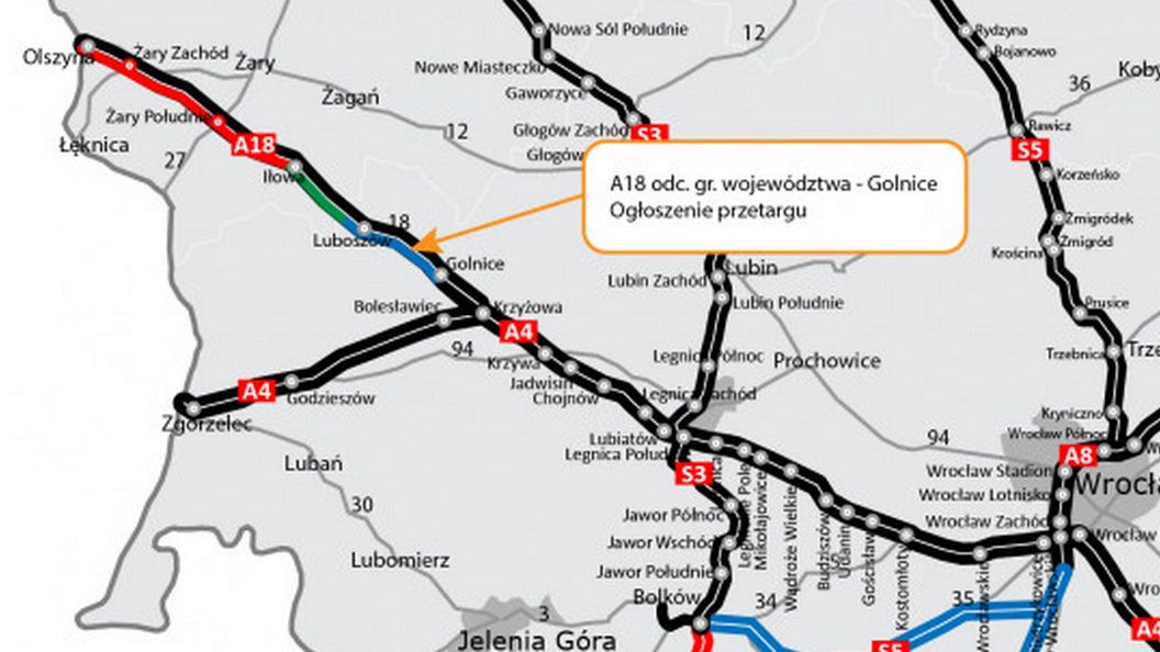 Przetarg dotyczy odcinka od granicy województwa lubuskiego i dolnośląskiego do węzła Golnice.