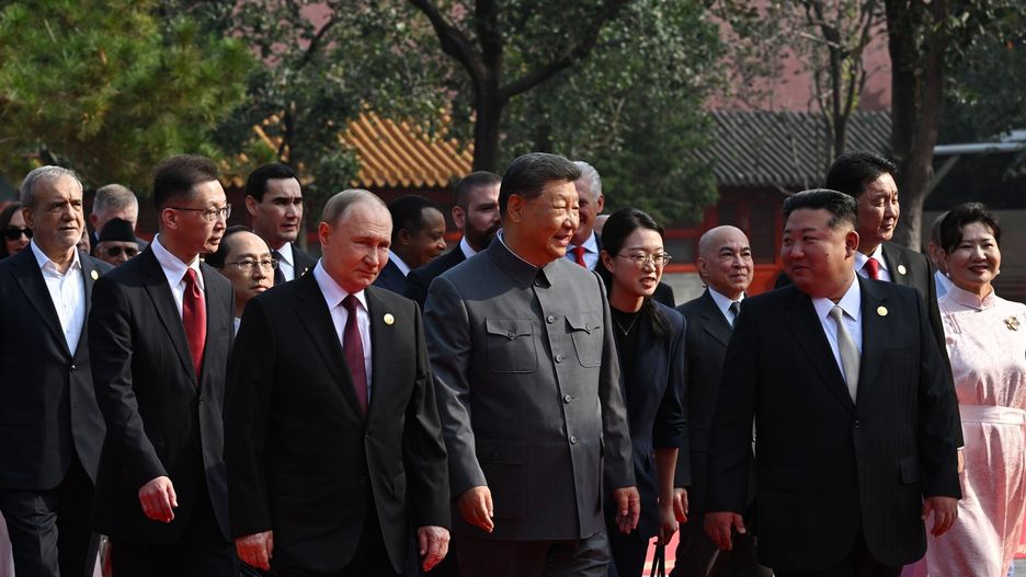 BEIJING, CHINA - SEPTEMBER 3: (----EDITORIAL USE ONLY - MANDATORY CREDIT - 'SERGEY BOBYLEV / HOST PHOTO AGENCY RIA NOVOSTI / HANDOUT' - NO MARKETING NO ADVERTISING CAMPAIGNS - DISTRIBUTED AS A SERVICE TO CLIENTS----) China's President Xi Jinping (C), North Korea's leader Kim Jong Un (3rd R) and Russia's President Vladimir Putin (3rd L) arrive for a reception in the Great Hall of the People, following a military parade marking the 80th anniversary of victory over Japan and the end of World War II, in Beijing on September 3, 2025. (Photo by Sergey Bobylev / RIA Novosti/Anadolu via Getty Images)