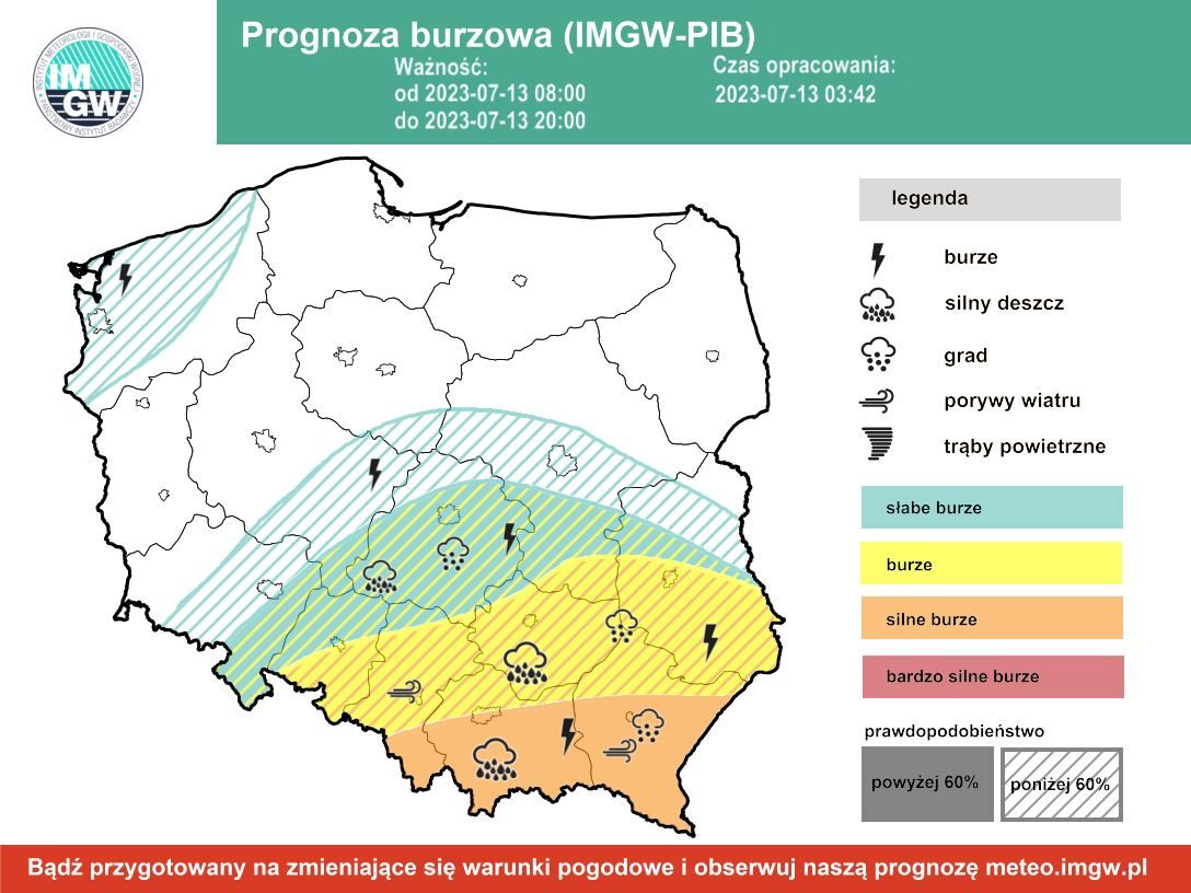 Prognoza burzowa IMGW na czwartek, 13 lipca
